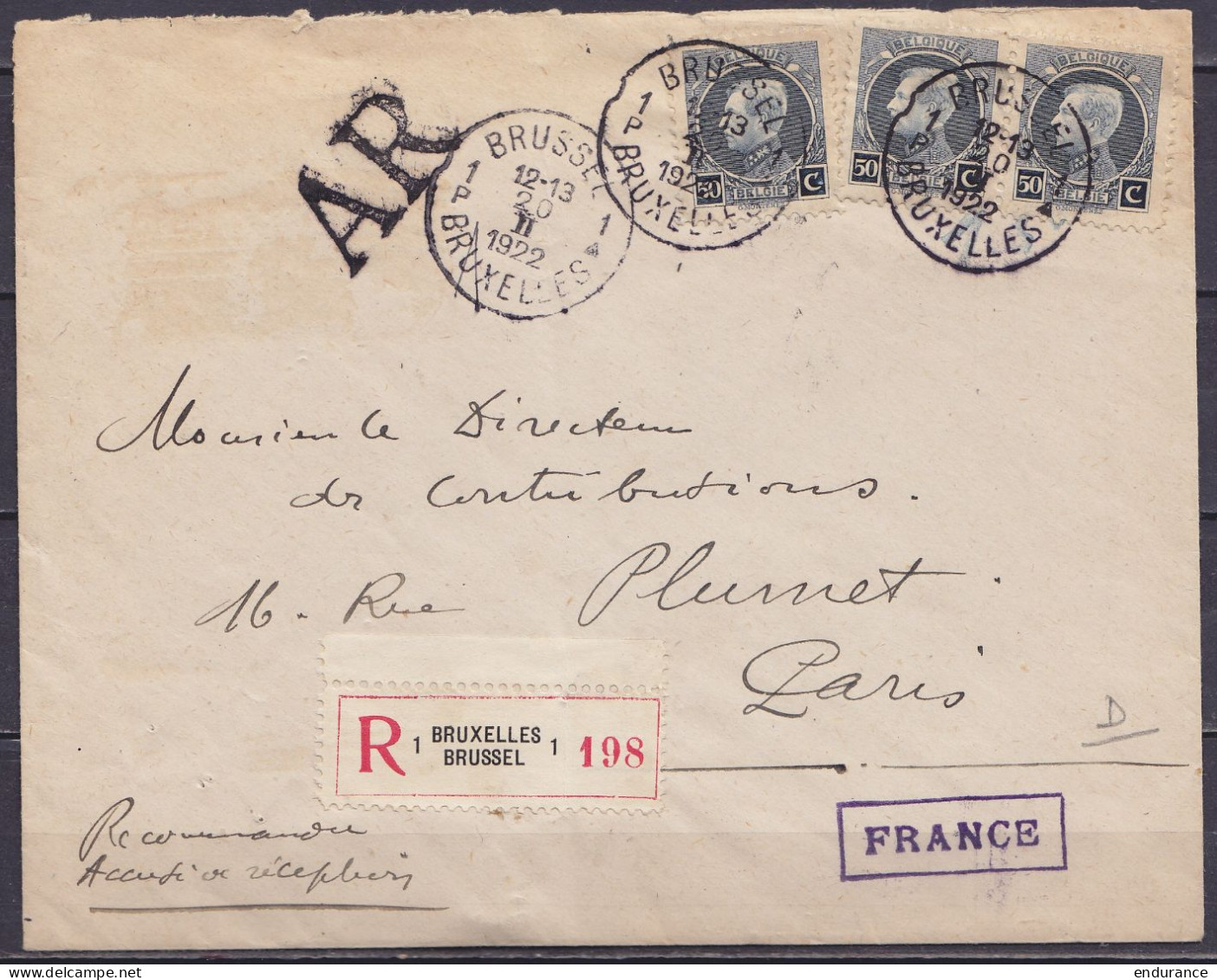L. Recommandée AR Affr. 3x N°211 Càd "BRUSSEL 1 /20 II 1922/ BRUXELLES 1" Pour PARIS -griffe "AR" (au Dos: Càd PARIS / D - 1921-1925 Kleine Montenez