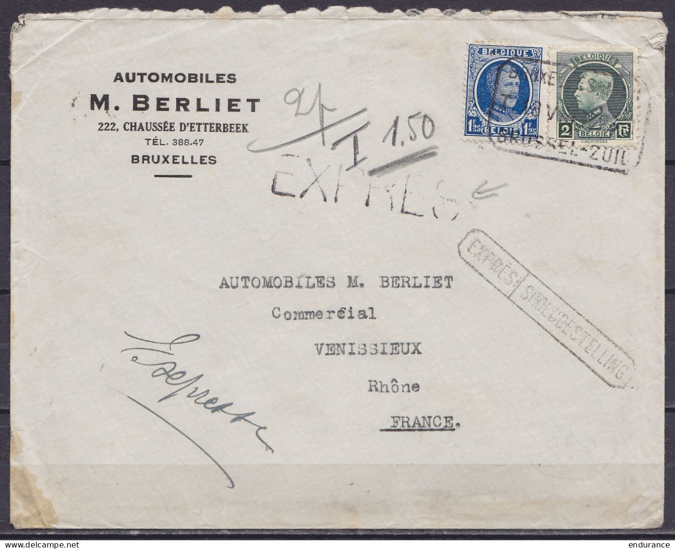 L. "Automobiles Berliet" EXPRES Affr. 206+216 Càd [BRUXELLES-MIDI /18 VIII 1929/ BRUSSEL-ZUID] Pour VENISSIEUX Rhône - G - 1921-1925 Petit Montenez