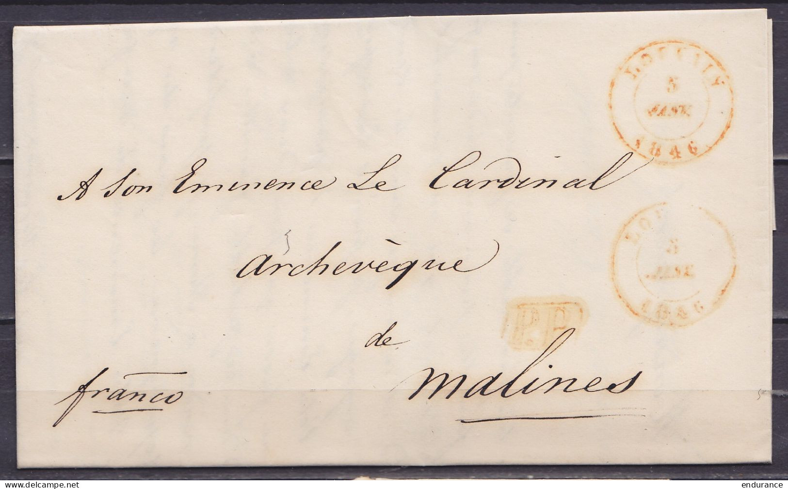 L. Càd LOUVAIN /5 JANV 1846 Pour Archevèque De MALINES - [P.P.] - Man. "franco" (au Dos: Càd Arrivée MALINES - Port "6") - 1830-1849 (Belgique Indépendante)