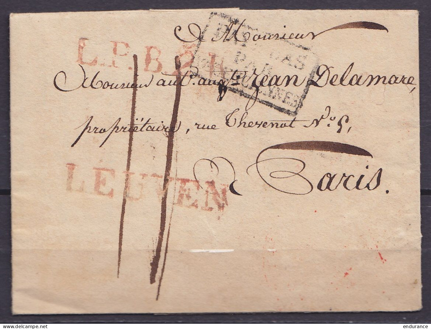 L. Datée 20 Janvier 1826 De LOUVAIN Pour PARIS - Griffes "LEUVEN" & "L.P.B.2.R." - [PAYS-BAS /PAR/ VALENCIENNES] - Port  - 1815-1830 (Periodo Olandese)