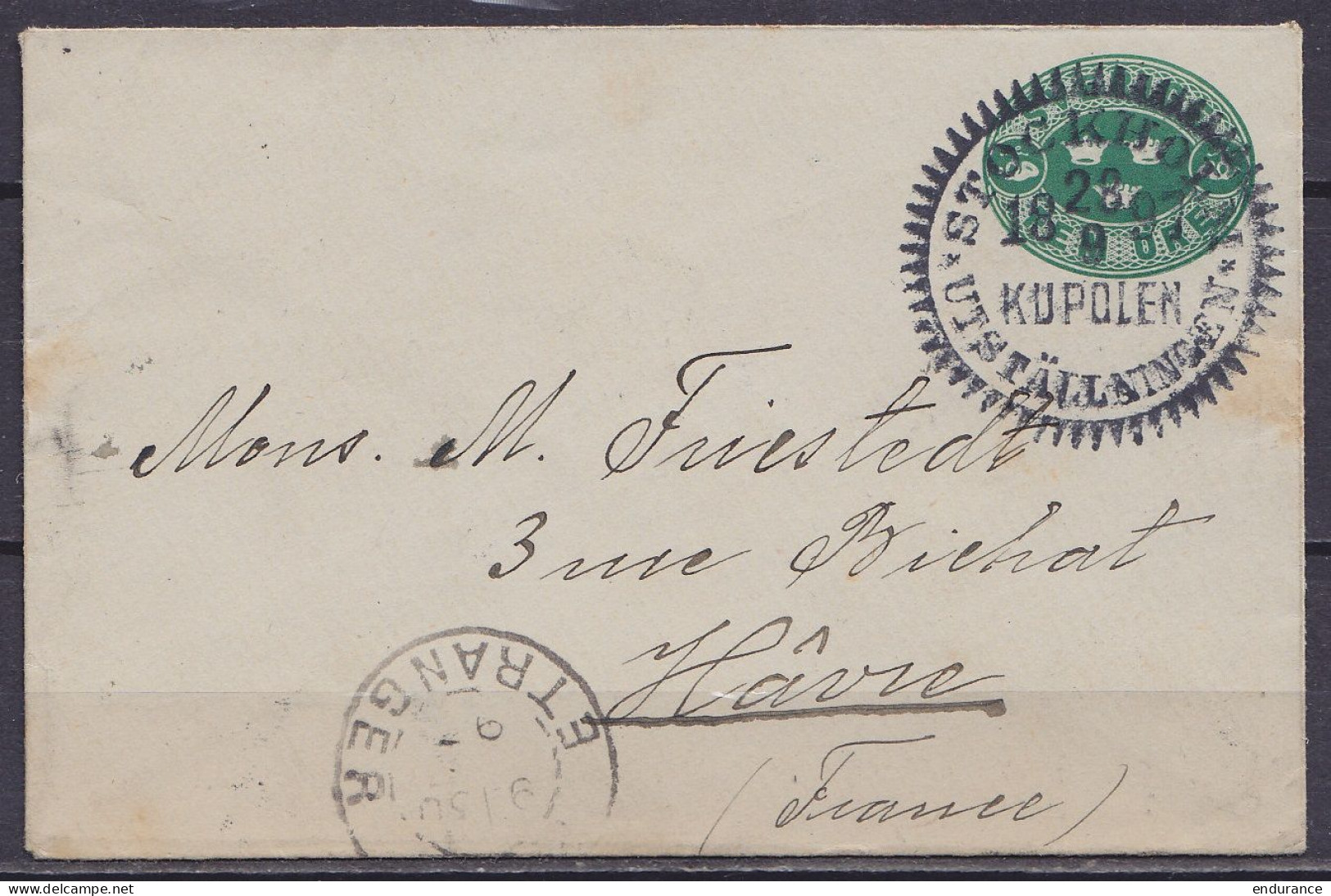 Suède - EP Petite Env. 5ö Vert Càd Festonné "STOCKHOLM /28.9.1897/ KUPOLEN / UTSTÄLLNINGEN" (Exposition ?) Pour LE HAVRE - Ganzsachen