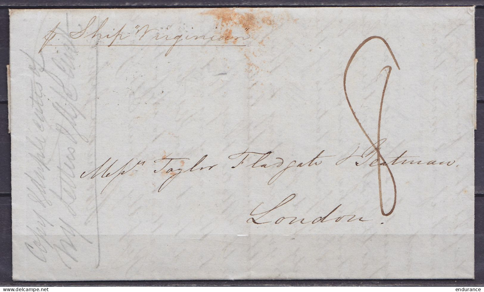 USA - L. Datée 5 Février 1847 De NEW YORK Pour LONDON Par Bateau "p. Ship Virginian" - Port "8" (au Dos: Cachet Passage  - …-1845 Préphilatélie