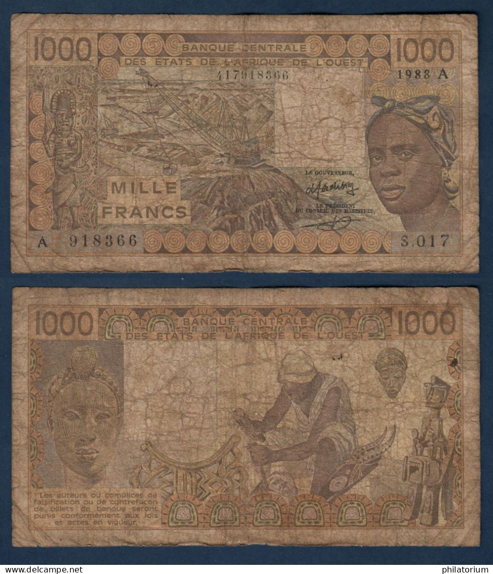 1000 Francs CFA, 1988 A, Côte D' Ivoire, S.017, A 918366, Oberthur, P#_07, Banque Centrale États De L'Afrique De L'Ouest - États D'Afrique De L'Ouest