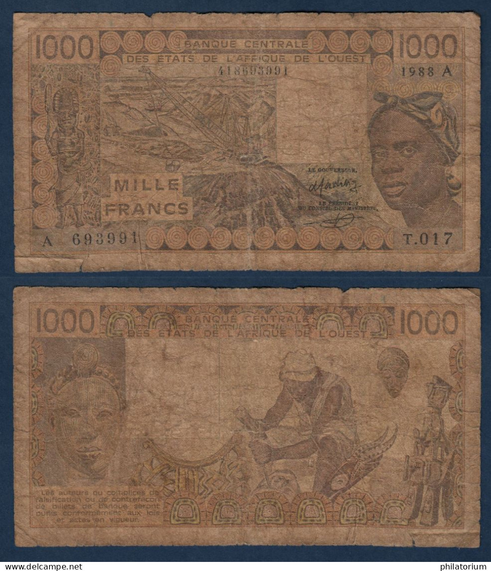 1000 Francs CFA, 1988 A, Côte D' Ivoire, T.017, A 693991, Oberthur, P#_07, Banque Centrale États De L'Afrique De L'Ouest - Estados De Africa Occidental