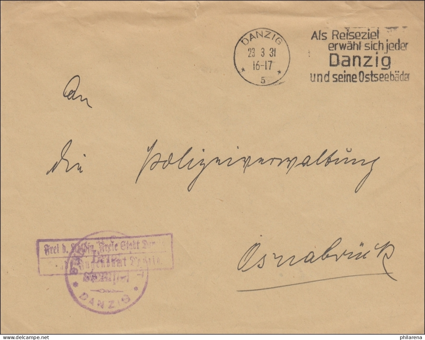 Danzig: Frei Durch Ablösung Reich: Jugendamt Nach Osnabrück 1931 - Covers & Documents