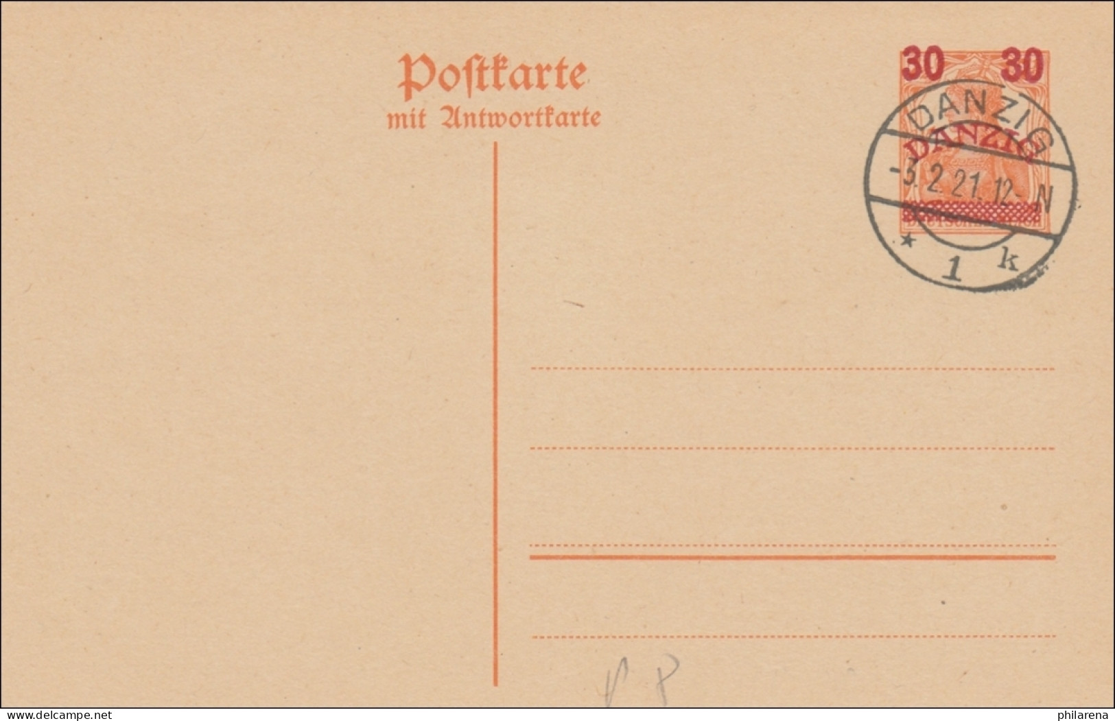 Danzig: Ganzsache P8 Mit Stempel Danzig 1921 Mit Blanko Antwort - Brieven En Documenten