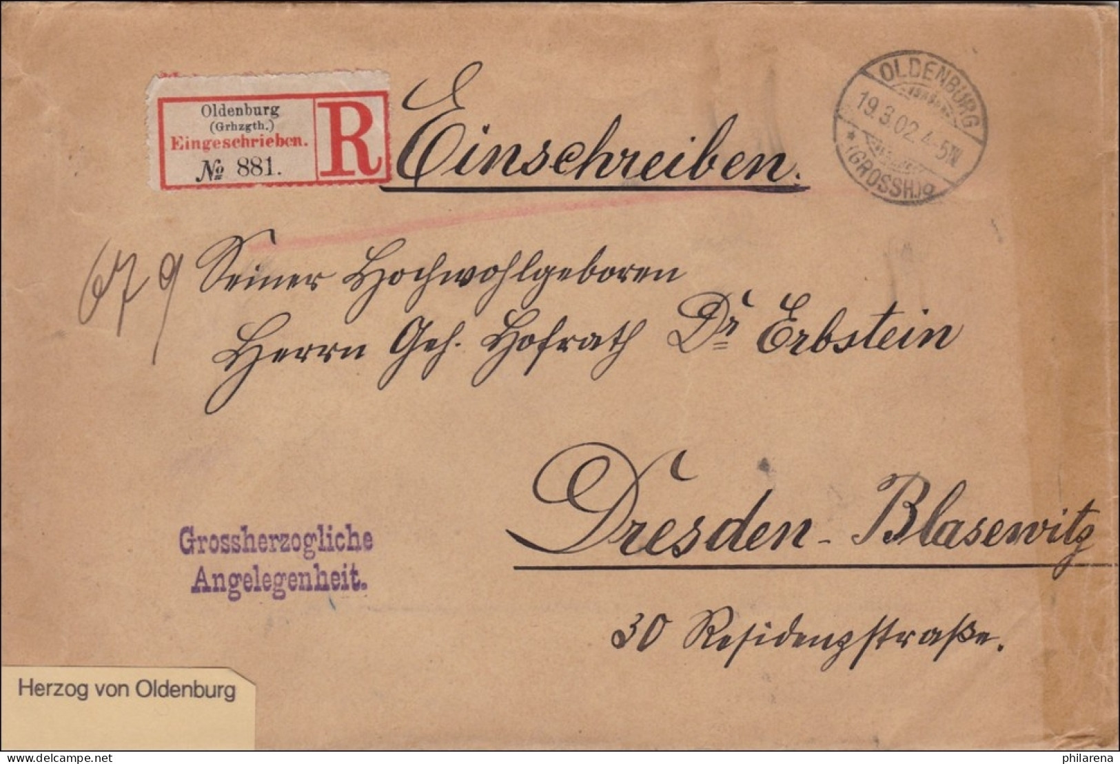 Herzog Von Oldenburg,  Als Einschreiben Nach Dresden-Blasewitz 1902 - Oldenbourg