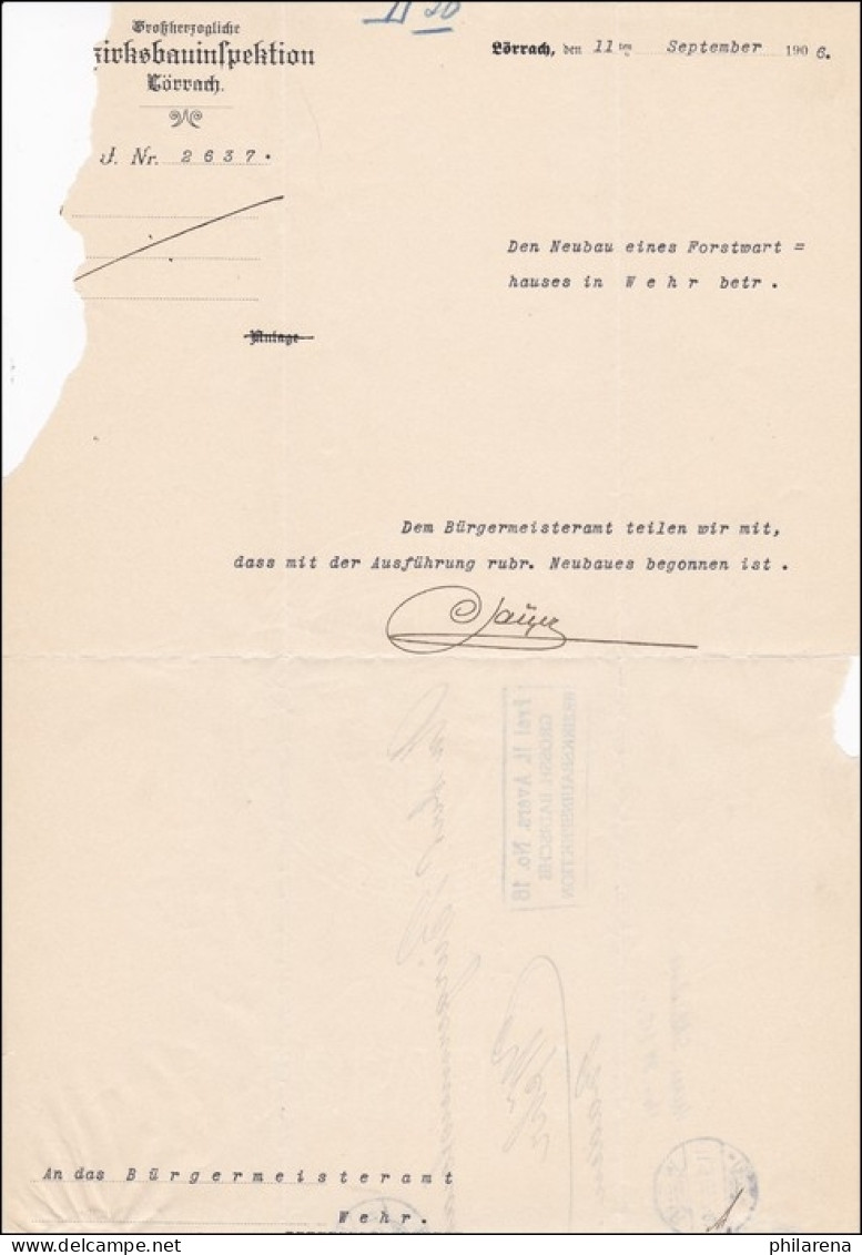 Grossherzogliche Badische Bezirksbauinspektion 1906 Von Lörrach Nach Wehr/Baden - Cartas & Documentos
