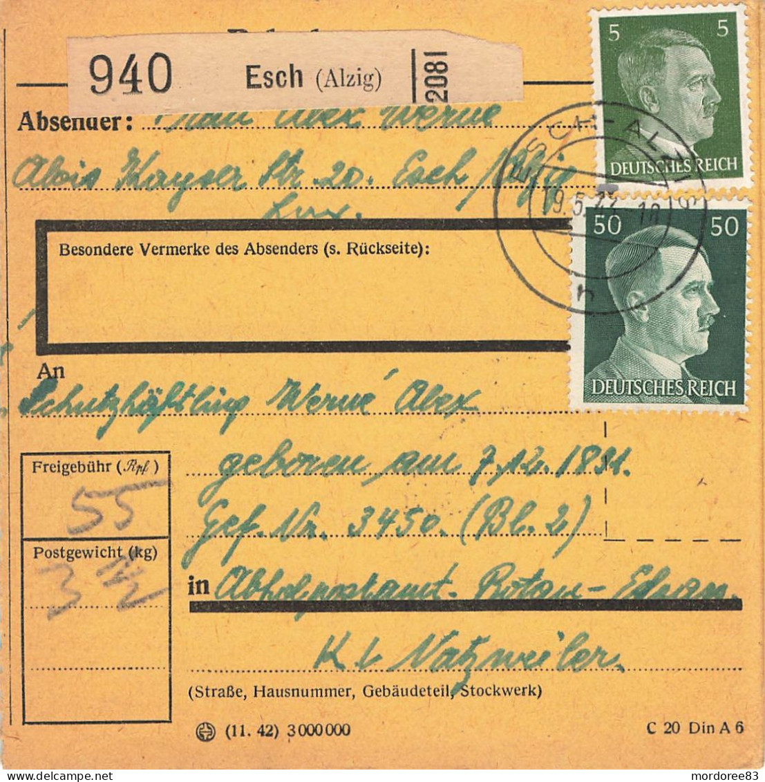 HITLER 5 + 50PF CARTE COLIS POSTAL ESCH - ALZIG  LUXEMBOURG -19:5:1943 CAMP DE CONCENTRATION DE NATZWILLER - STRUTHOF - 1940-1944 German Occupation