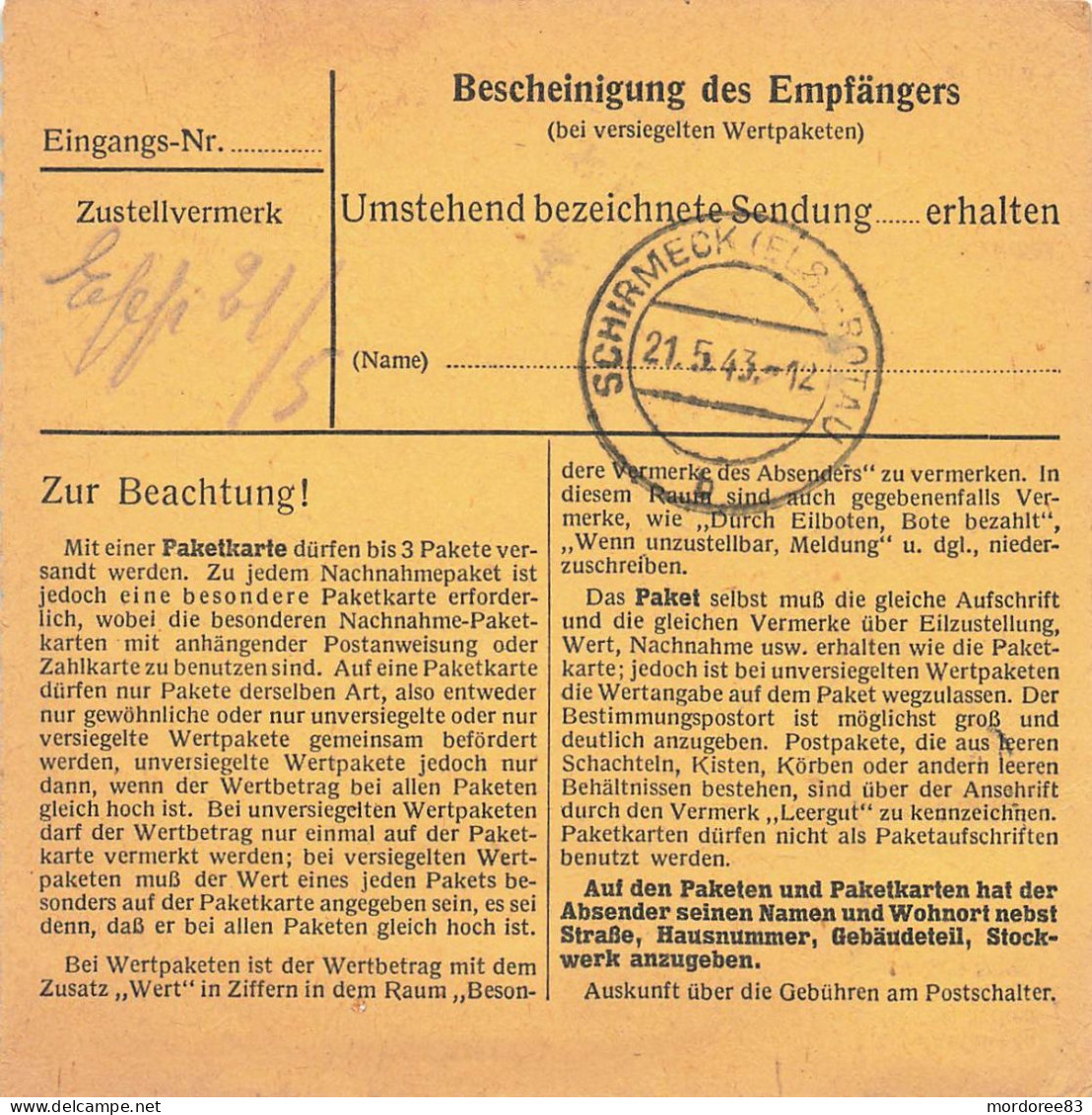 HITLER 5 + 50PF CARTE COLIS POSTAL ESCH - ALZIG  LUXEMBOURG -19:5:1943 CAMP DE CONCENTRATION DE NATZWILLER - STRUTHOF - 1940-1944 Duitse Bezetting