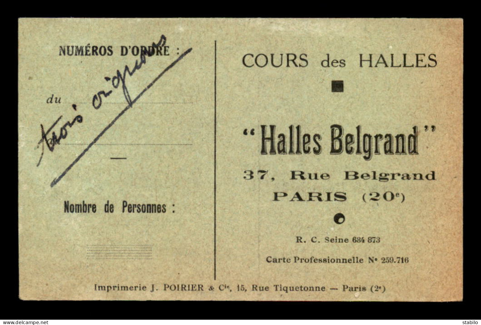 75 - PARIS 20EME - CARTE DE SERVICE - HALLES BELGRAND, 37 RUE BELGRAND - Arrondissement: 20
