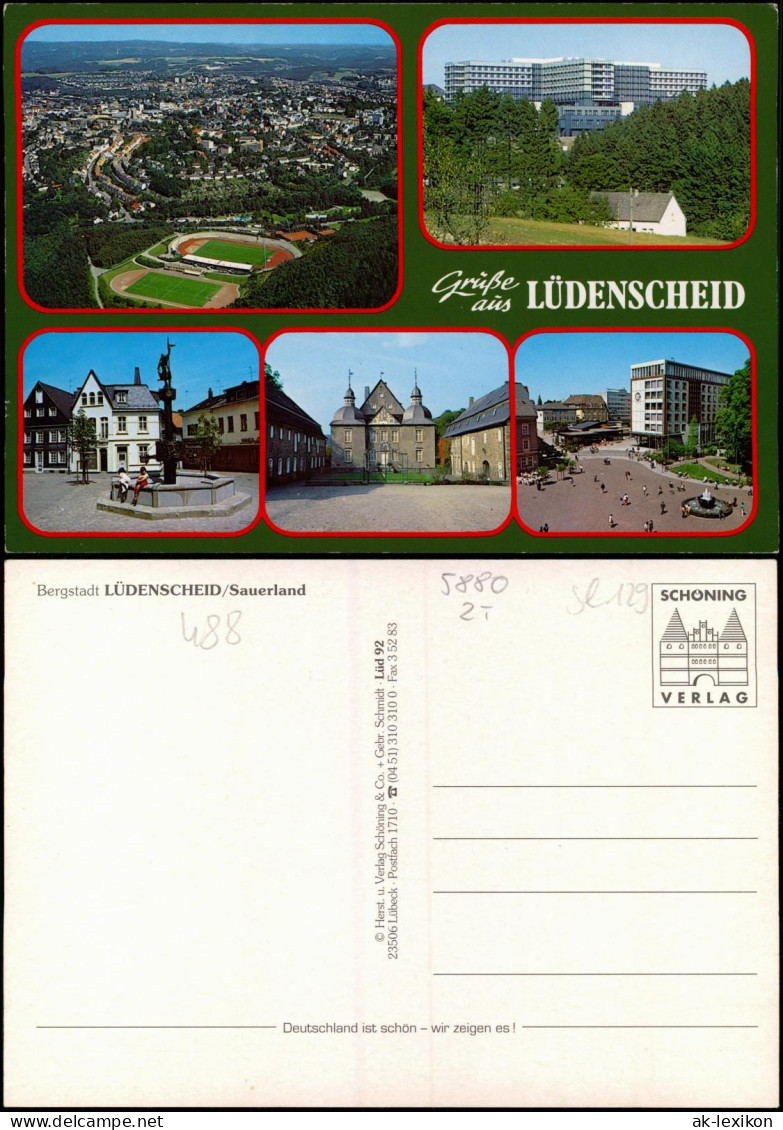 Lüdenscheid Mehrbildkarte Mit Ortsansichten U.a. Stadion V. Flugzeug Aus 1990 - Luedenscheid