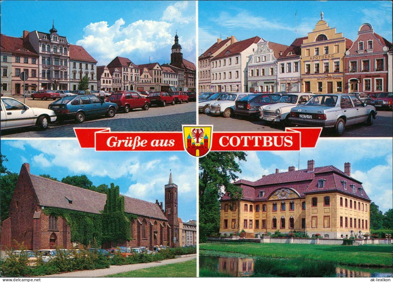 Cottbus Mehrbild-AK Mit Autos, Altmarkt, Kirche, Schloss Branitz 1990 - Cottbus