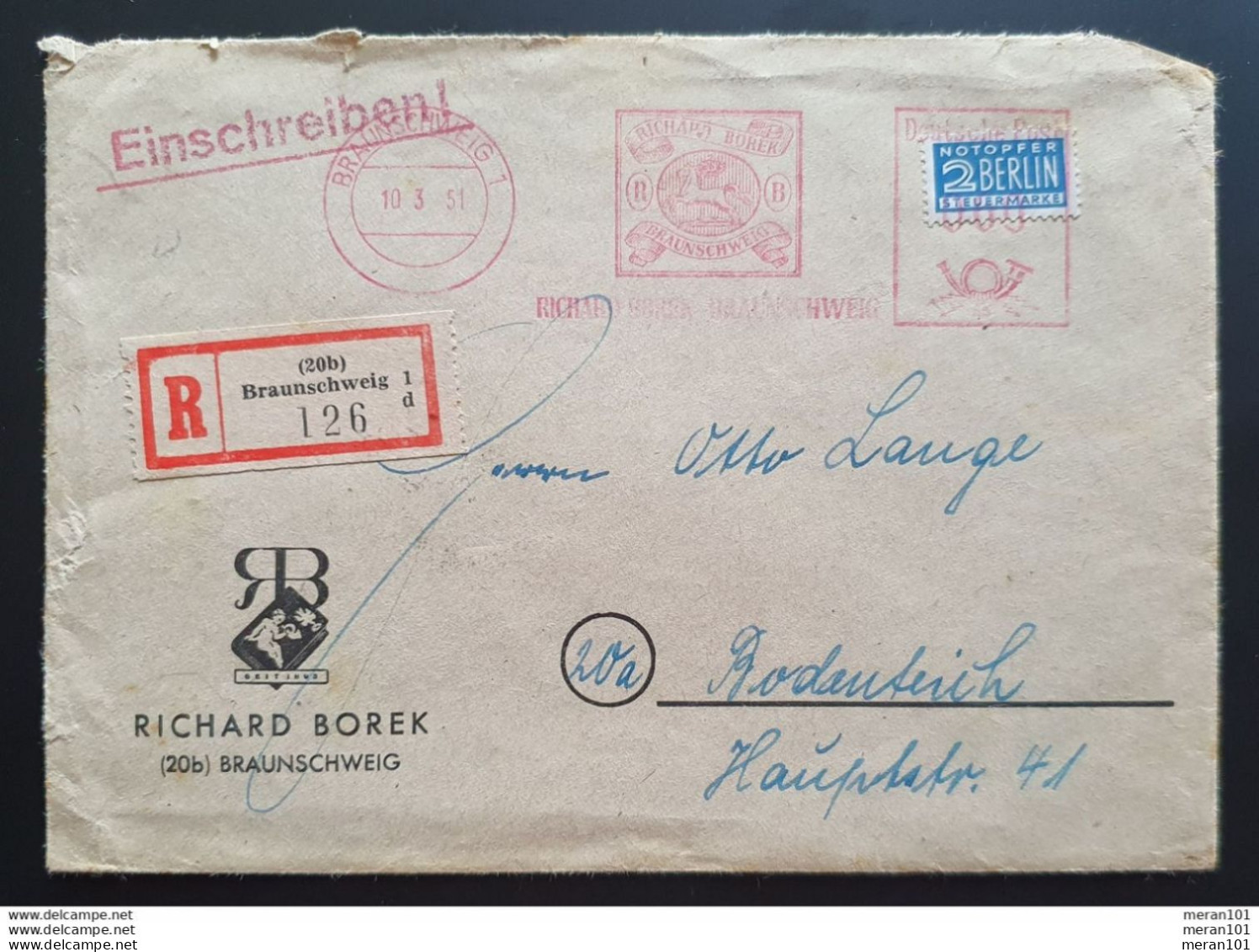 BRD 1951, Reko-Brief Freistempel BRAUNSCHWEIG "Richard Borek" Steuermarke - Machines à Affranchir (EMA)
