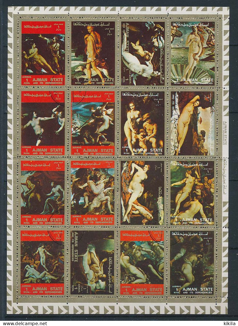 Planche Feuillet De 16 Timbres Oblitérés Différents AJMAN STATE (2) Tableaux Peintures De Nus XIII-10 - Nudes