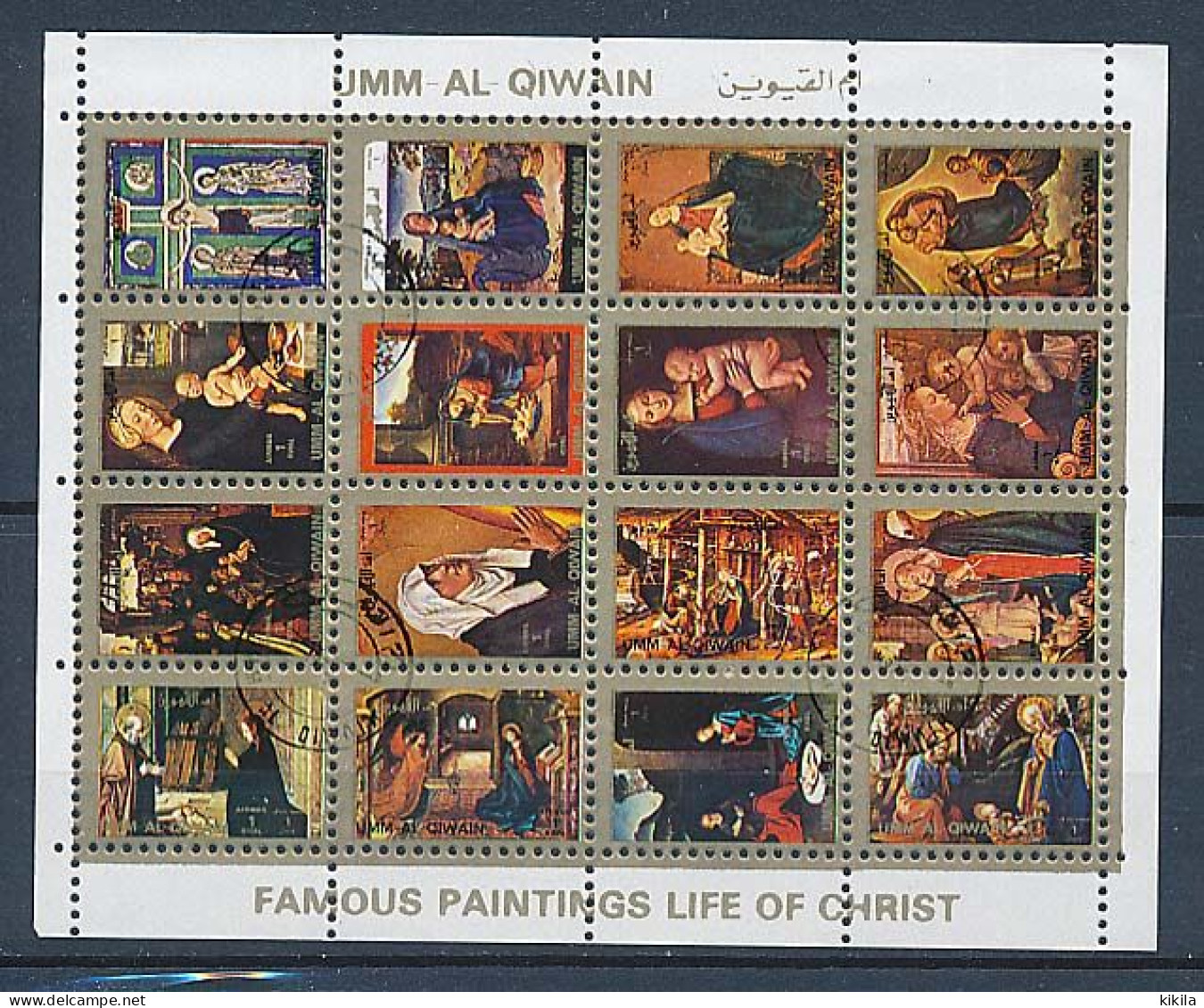 Planche Feuillet De 16 Mini Timbres Oblitérés Différents UMM AL QIWAIN XIII-12 Famous Paintings Life Of Christ (1) - Religieux