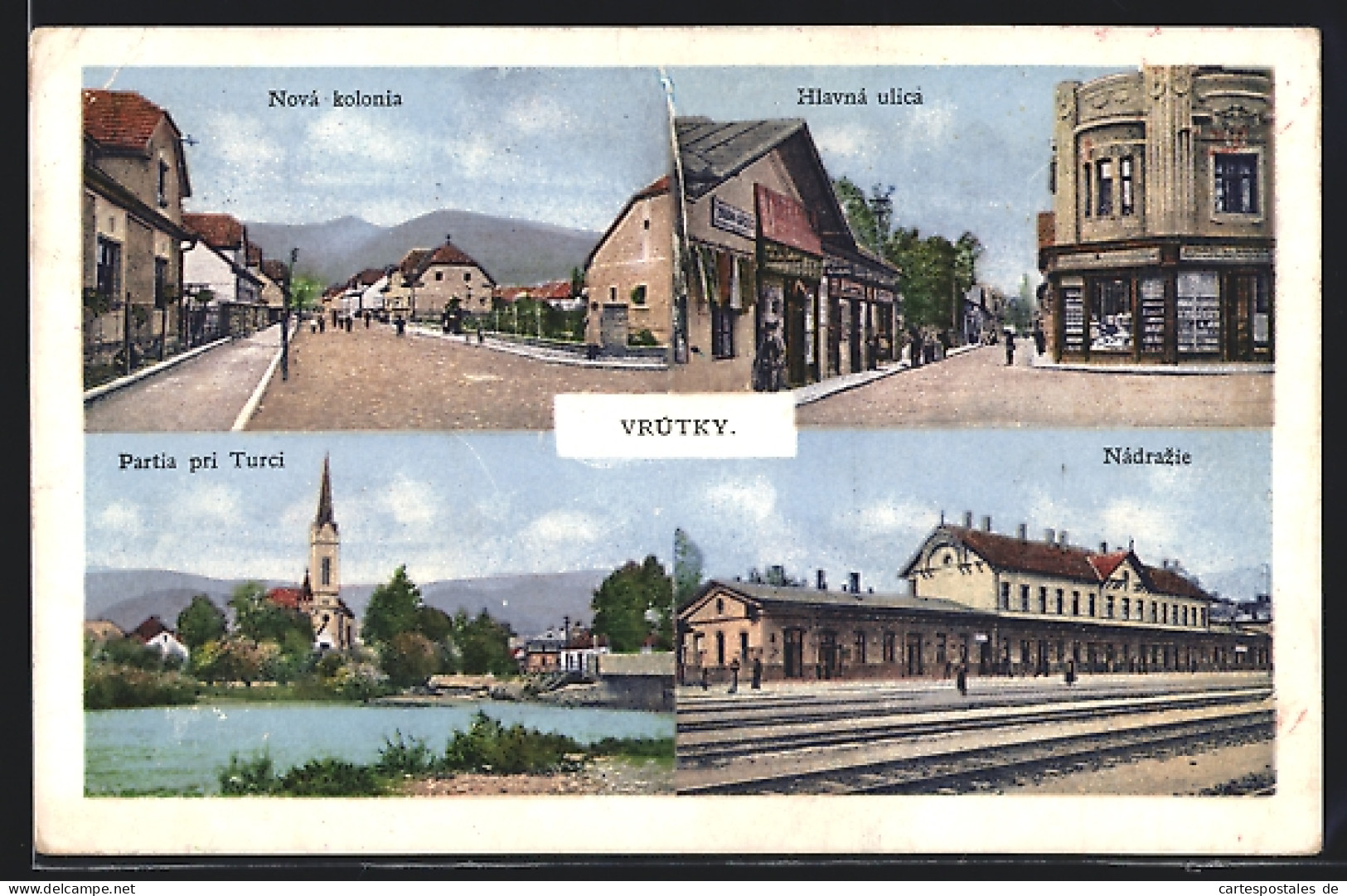 AK Vrutky, Bahnhof, Partie Am Fluss, Strassenpartie, Neue Kolonie  - Slovaquie