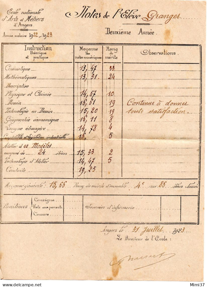 ECOLE DES ARTS ET METIERS D'ANGERS RELEVE DE NOTES D'UN ELEVE DE SECONDE ANNEE 1923 - Diplômes & Bulletins Scolaires