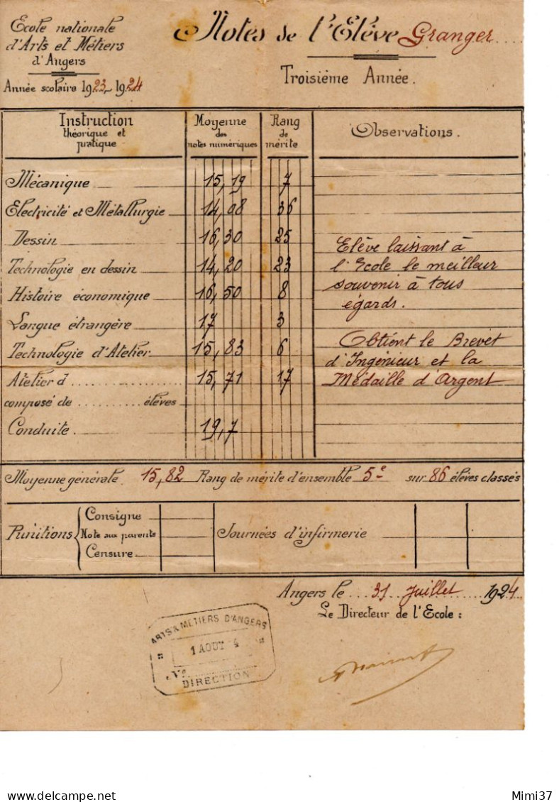 ECOLE DES ARTS ET METIERS D'ANGERS RELEVE DE NOTES 2°TRIMESTRE D'UN ELEVE TROISIEME ANNE 1924 - Diplômes & Bulletins Scolaires