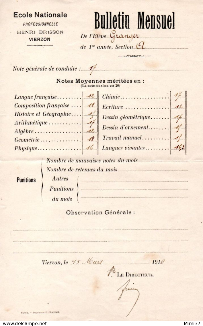 VIERZON ECOLE NATIONALE PROFESSIONNELLE H. BUISSON BULLETIN DE NOTE ELEVE 1° ANNEE MARS 1919 - Diplômes & Bulletins Scolaires