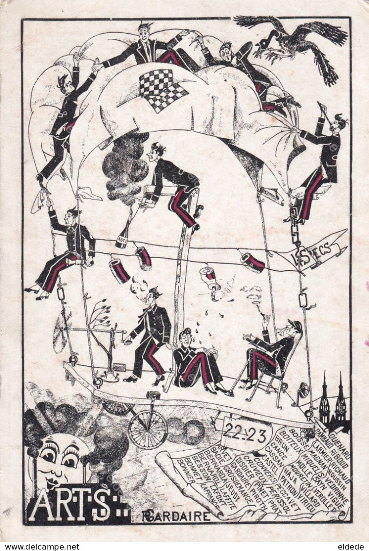 Art Card Etudiants Arts Et Metiers Parachute 1922 Signée Gardaire  Jeu Echecs Chess Surrealisme - Parachutisme