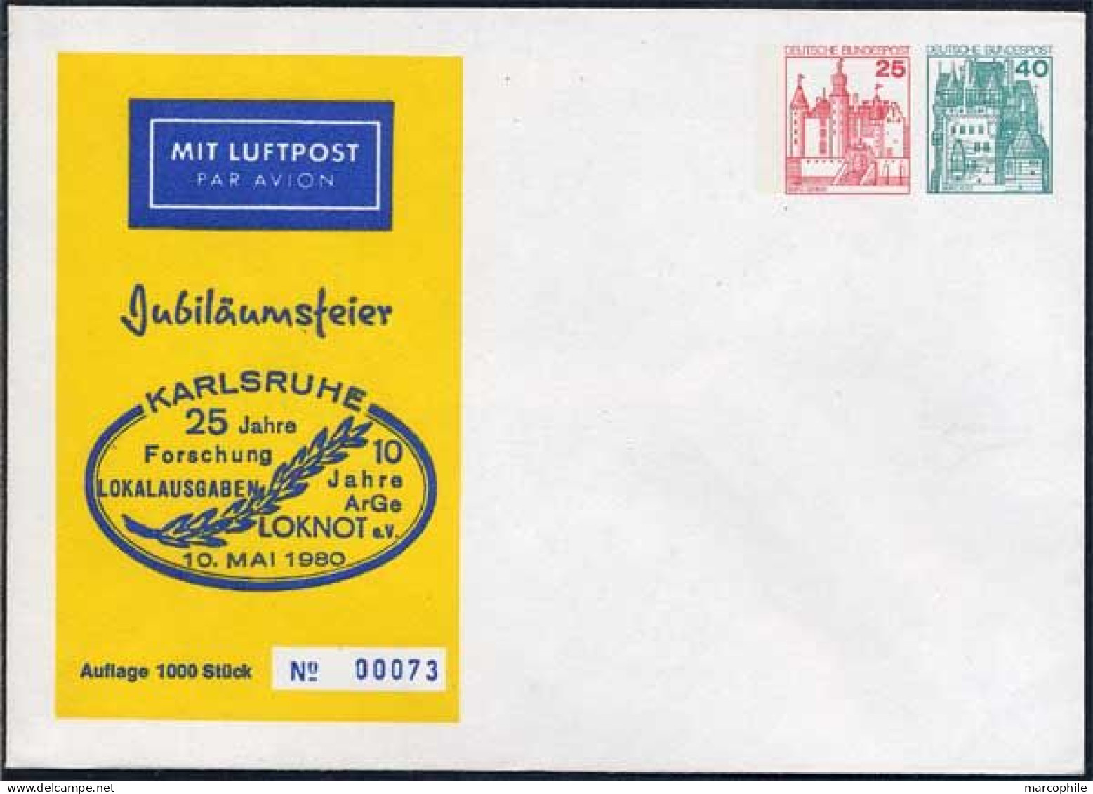 ALLEMAGNE - KARLSRUHE / ENTIER POSTAL PRIVE 2 FIGURINES IMPRIMEES NUMEROTE (ref 8352) - Privé Briefomslagen - Ongebruikt