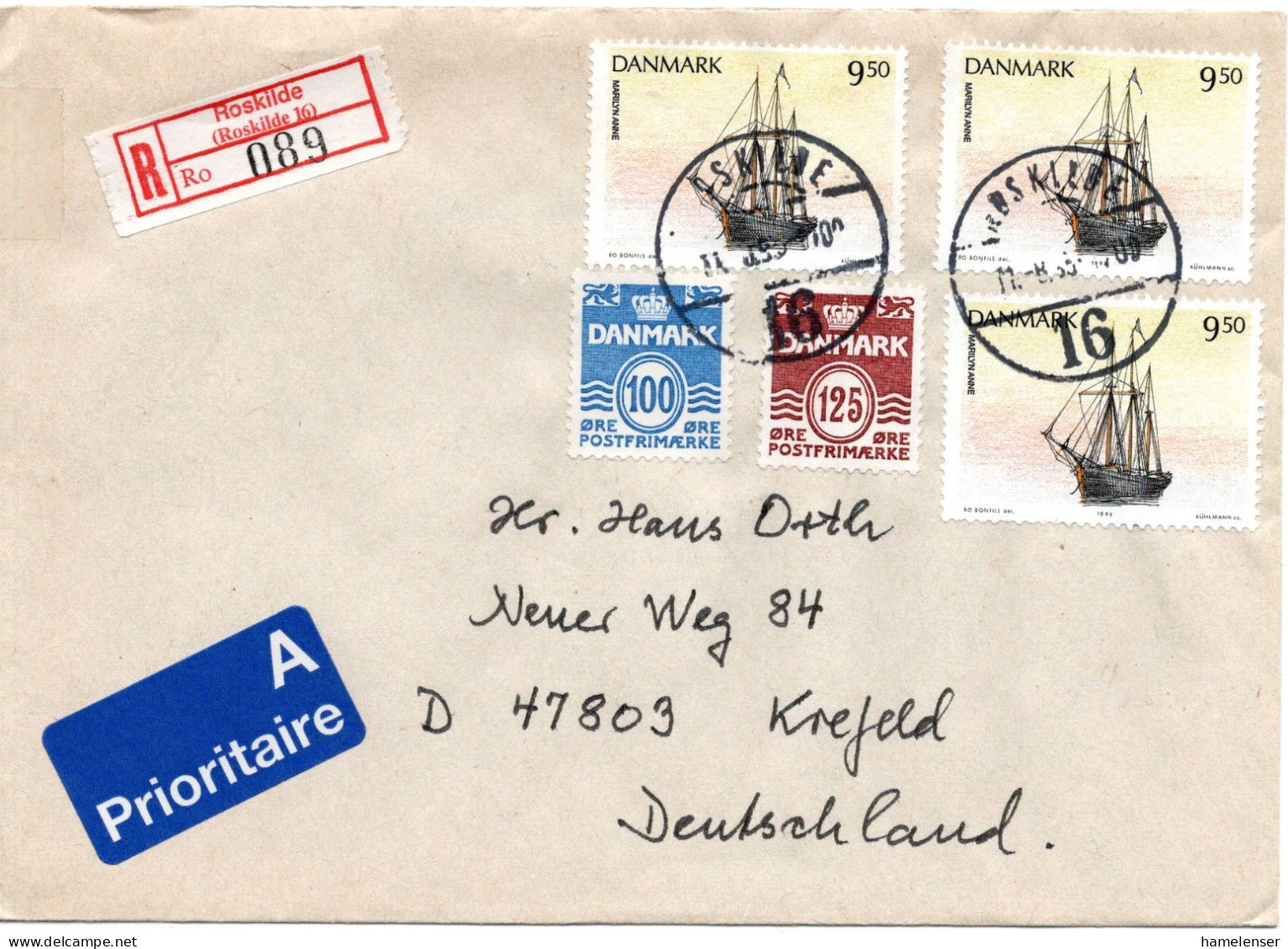 76271 - Dänemark - 1993 - 3@9,50Kr Schiffe MiF A R-Bf ROSKILDE -> Deutschland - Lettres & Documents