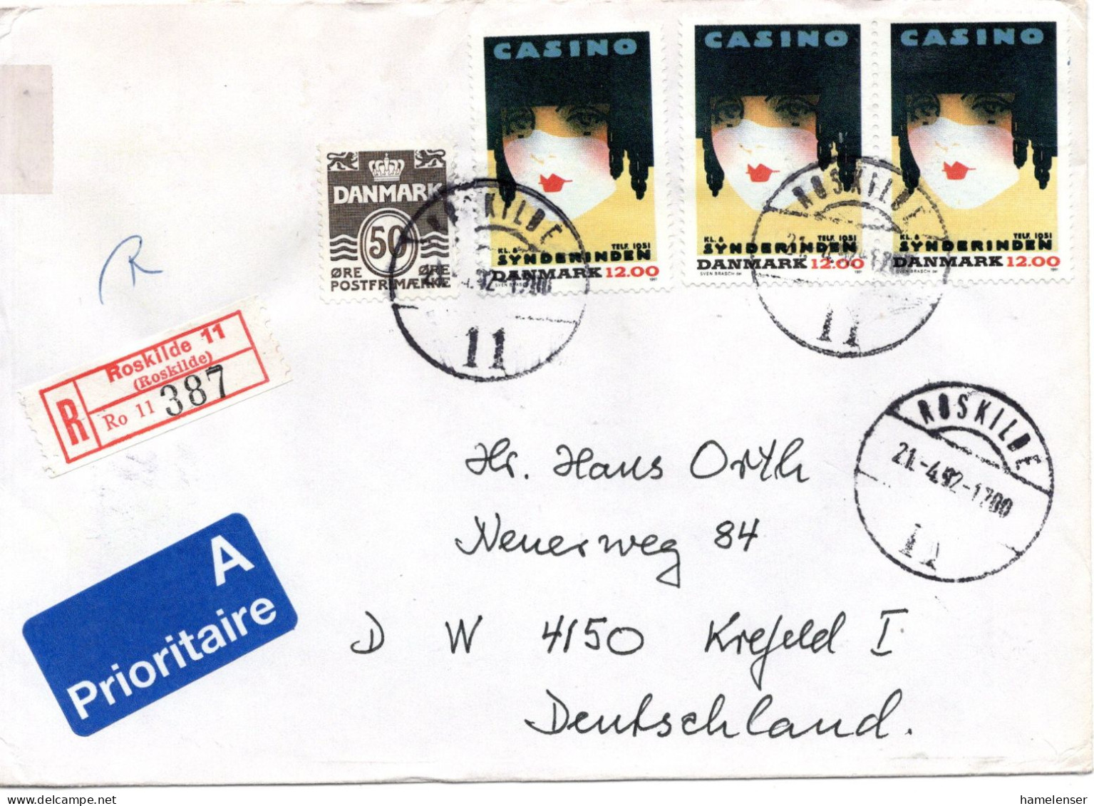 76273 - Dänemark - 1992 - 3@12Kr Casino MiF A R-Bf ROSKILDE -> Deutschland - Briefe U. Dokumente
