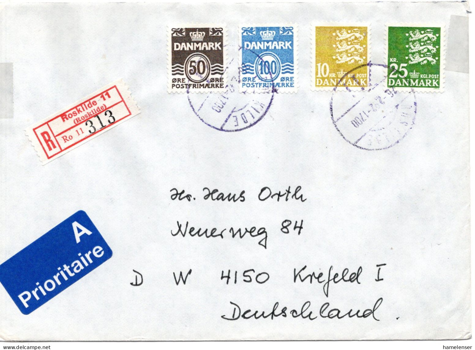 76274 - Dänemark - 1992 - 25Kr Wappen MiF A R-Bf ROSKILDE -> Deutschland - Covers & Documents