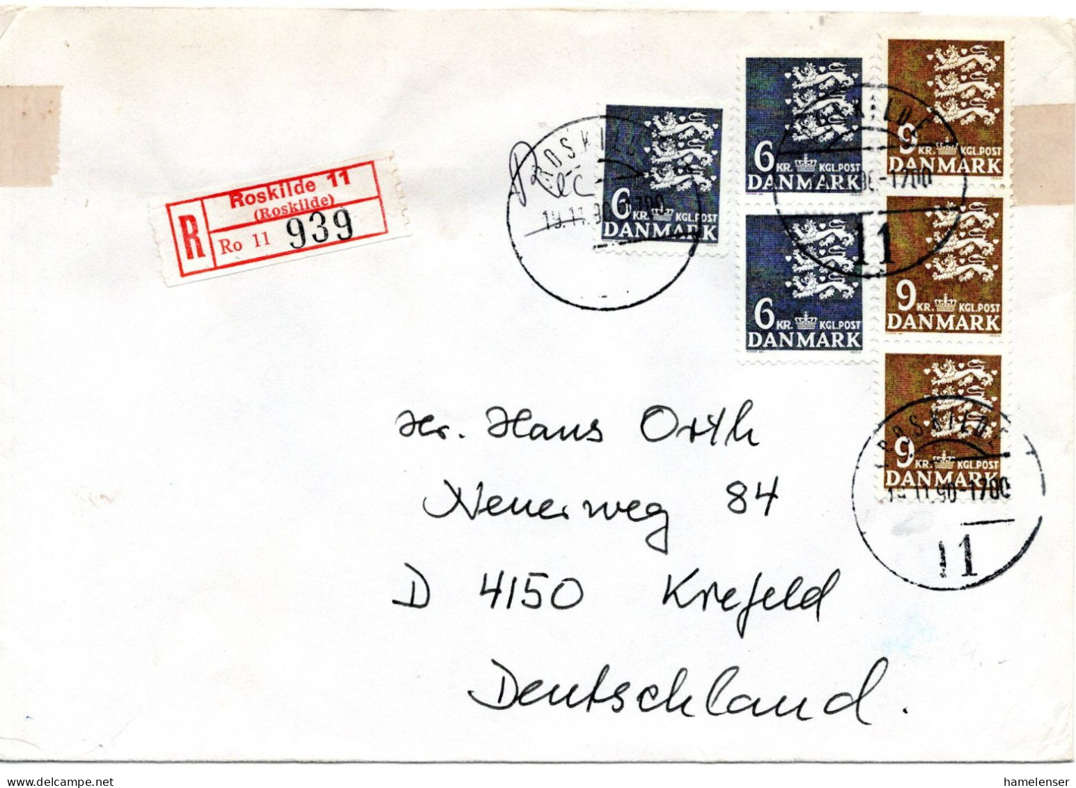 76275 - Dänemark - 1990 - 3@9Kr Wappen MiF A R-Bf ROSKILDE -> Deutschland - Lettres & Documents