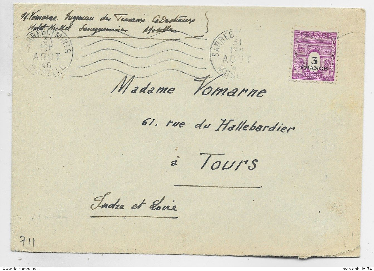 FRANCE ARC TRIOMPHE 3FR SEUL LETTRE MEC SARREGUEMINES 31 AOUT 1946 MOSELLE AU TARIF USAGE TARDIF - 1944-45 Triomfboog