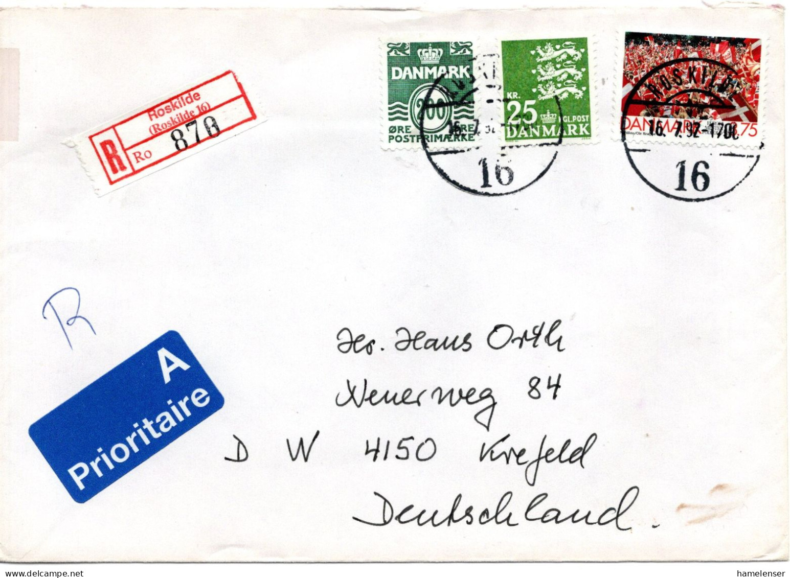 76276 - Dänemark - 1992 - 25Kr Wappen MiF A R-Bf ROSKILDE -> Deutschland - Lettres & Documents