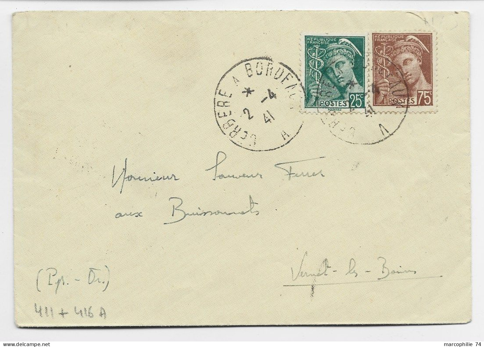 FRANCE MERCURE 75C+25C LETTRE AMBULANT CERBERE A BORDEAUX 2.4.41 B - 1938-42 Mercurius