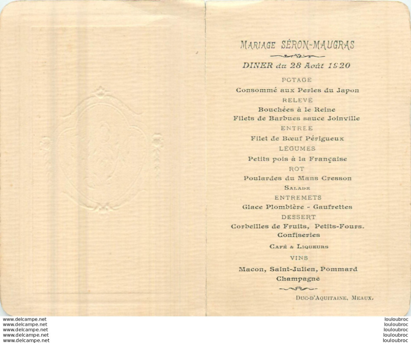 MENU DUC D'AQUITAINE MEAUX  1920 FORMAT OUVERT  16 X 13 CM - Menus