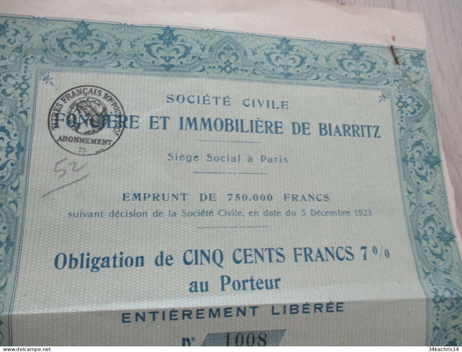 Action 500 Francs Société Civile Foncière Et Immobilière De Biarritz - Sonstige & Ohne Zuordnung