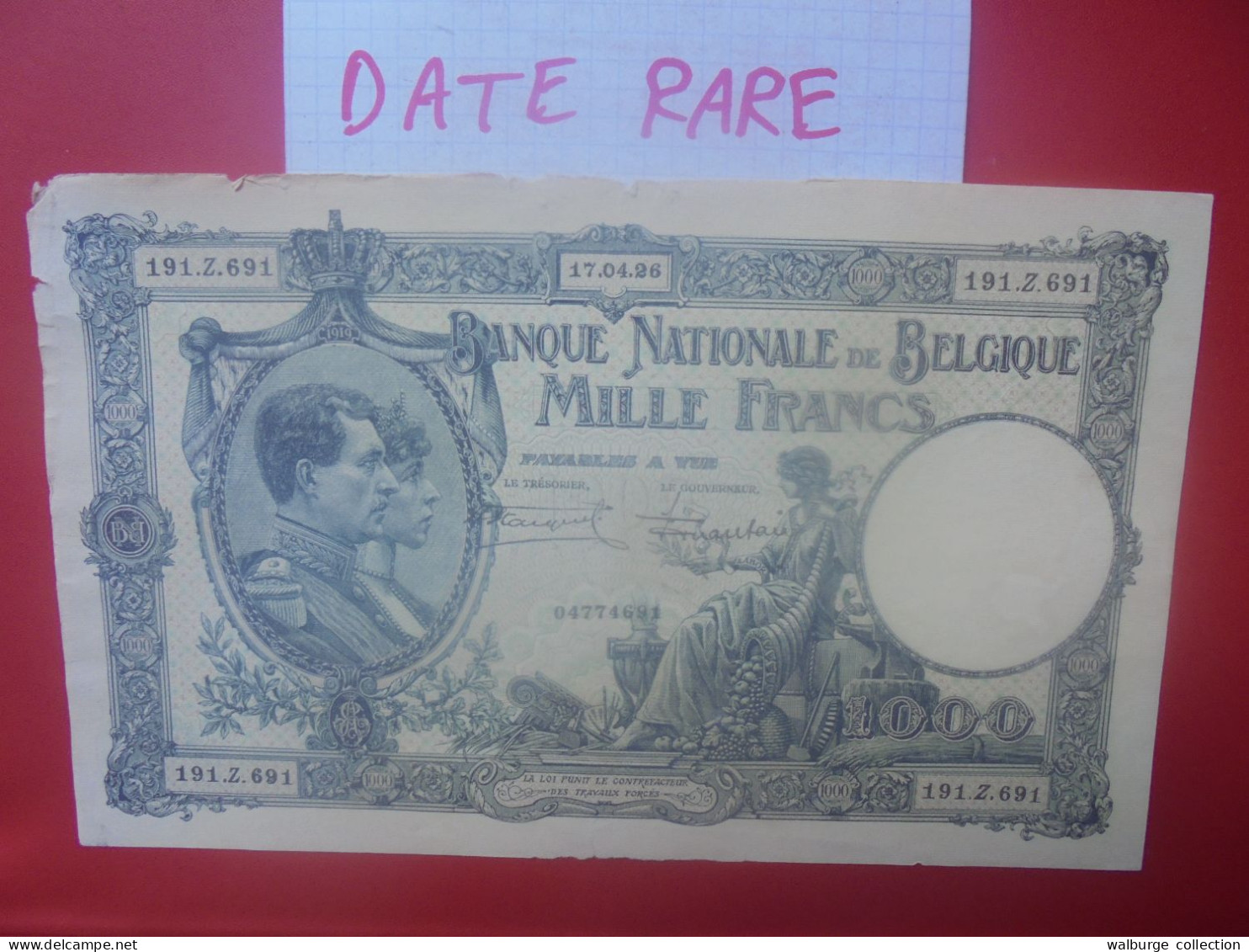 BELGIQUE 1000 FRANCS 1926 RARE ! Circuler COTES:50-100-250 EURO (B.33) - 1000 Francs & 1000 Francs-200 Belgas