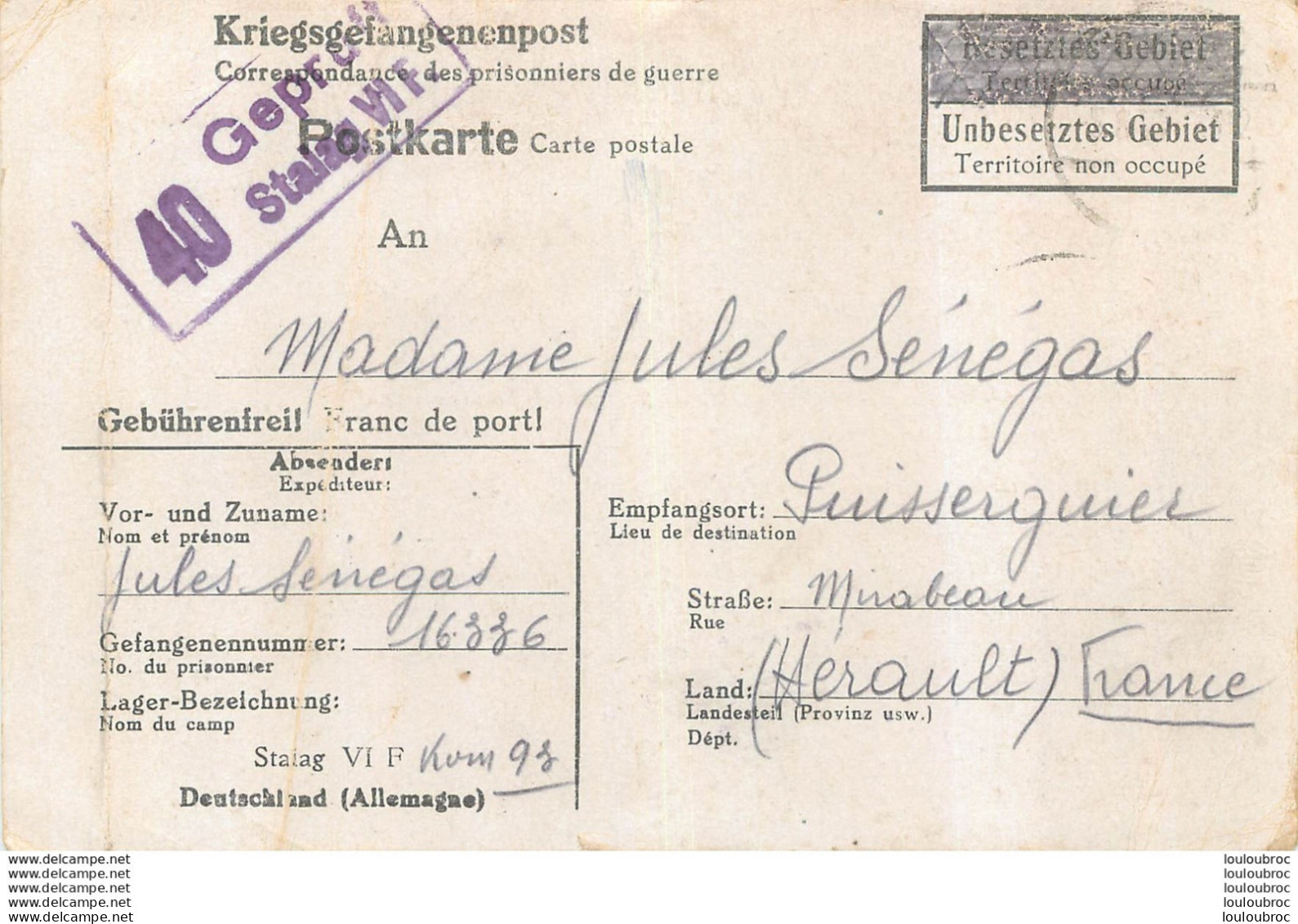 CARTE PRISONNIER DE GUERRE 1942 STALAG VI F JULES SENEGAS DE PUISSERGUIER HERAULT - Weltkrieg 1939-45