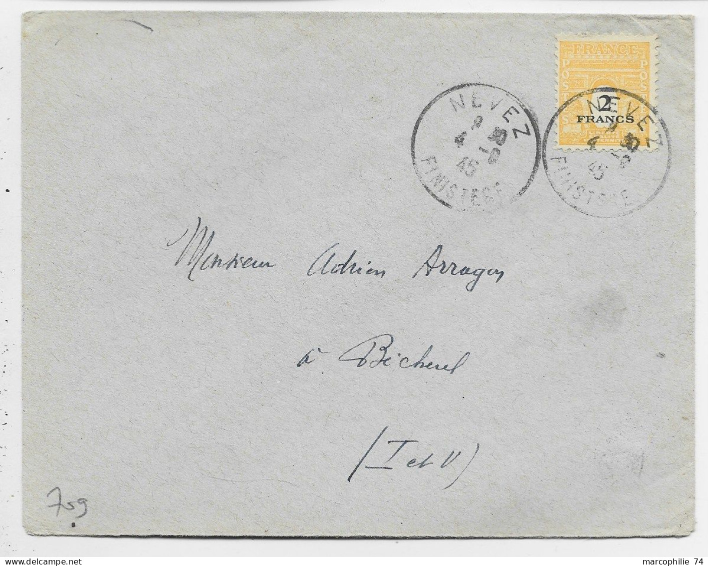 FRANCE ARC TRIOMPHE 2FR SEUL LETTRE COVER NEVEZ 4.9.1945 FINISTERE AU TARIF USAGE TARDIF - 1944-45 Arc De Triomphe