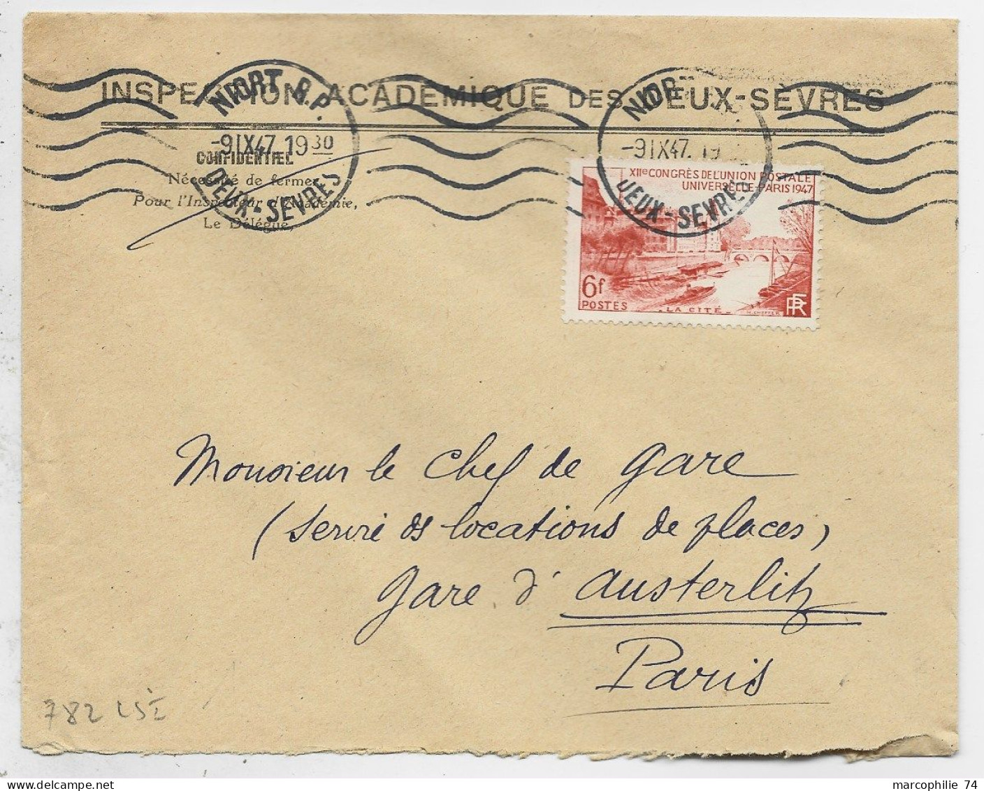 FRANCE UPU 6FR SEUL LETTRE COVER MEC NIORT 9.IX.1947 AU TARIF - 1944-45 Arco Del Triunfo