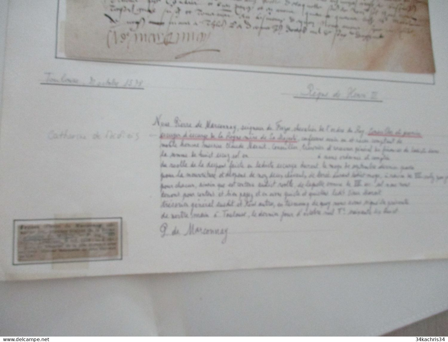 FROZES Pierre E MARCONNAY écuyer Reine  C. De Médicis Pièce Signée Sur Velin 31/10/1578 Toulouse Reçu - Personajes Historicos