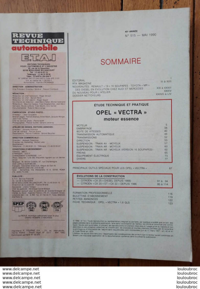 RTA REVUE TECHNIQUE AUTOMOBILE OPEL VECTRA REVUE DE 114 PAGES  1990 - Auto