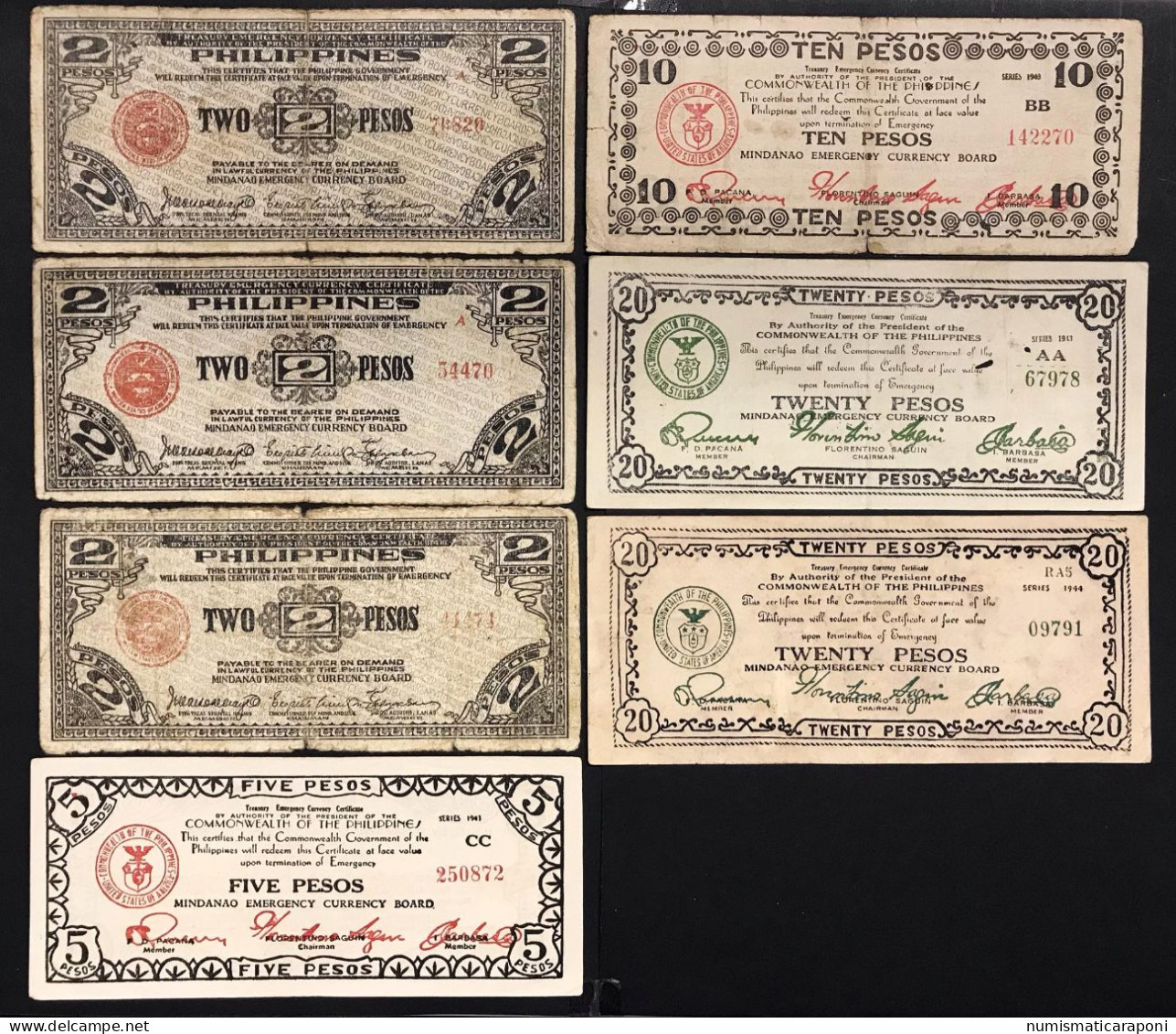 Filippine Philippines Emergency Notes WWII 7 Biglietti Mindanao Lotto 3133 - Filippijnen