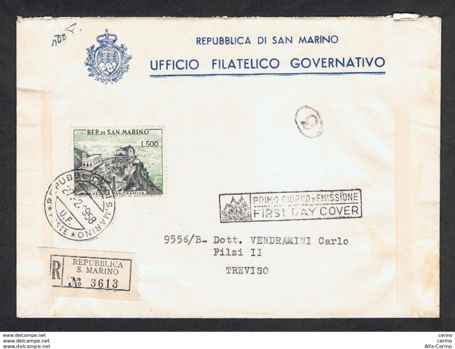 SAN MARINO: 1958  BUSTA  F.D.C. RACCOMANDA  -  VEDUTA  £. 500  -  ANN.  " SAN  MARINO 27.2.1958 "  PER  TREVISO  -  SPL - FDC