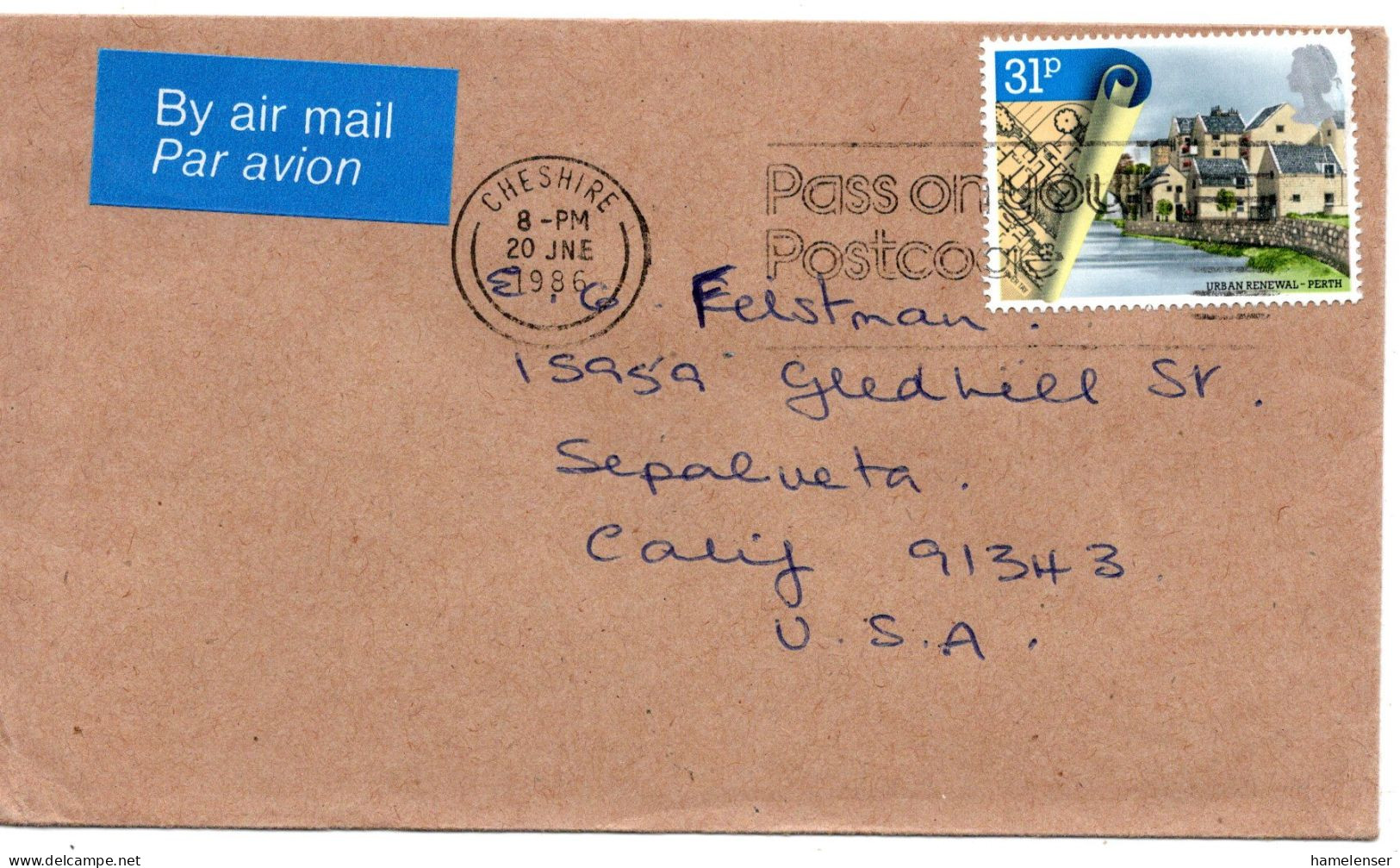 76279 - Grossbritannien - 1986 - 31p Perth EF A LpBf CHESHIRE - ... -> Sepulveda, CA (USA) - Storia Postale