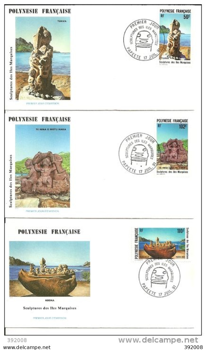 1991 - 386 à 388 - Sculptures Des îles Marquises - 3 - FDC