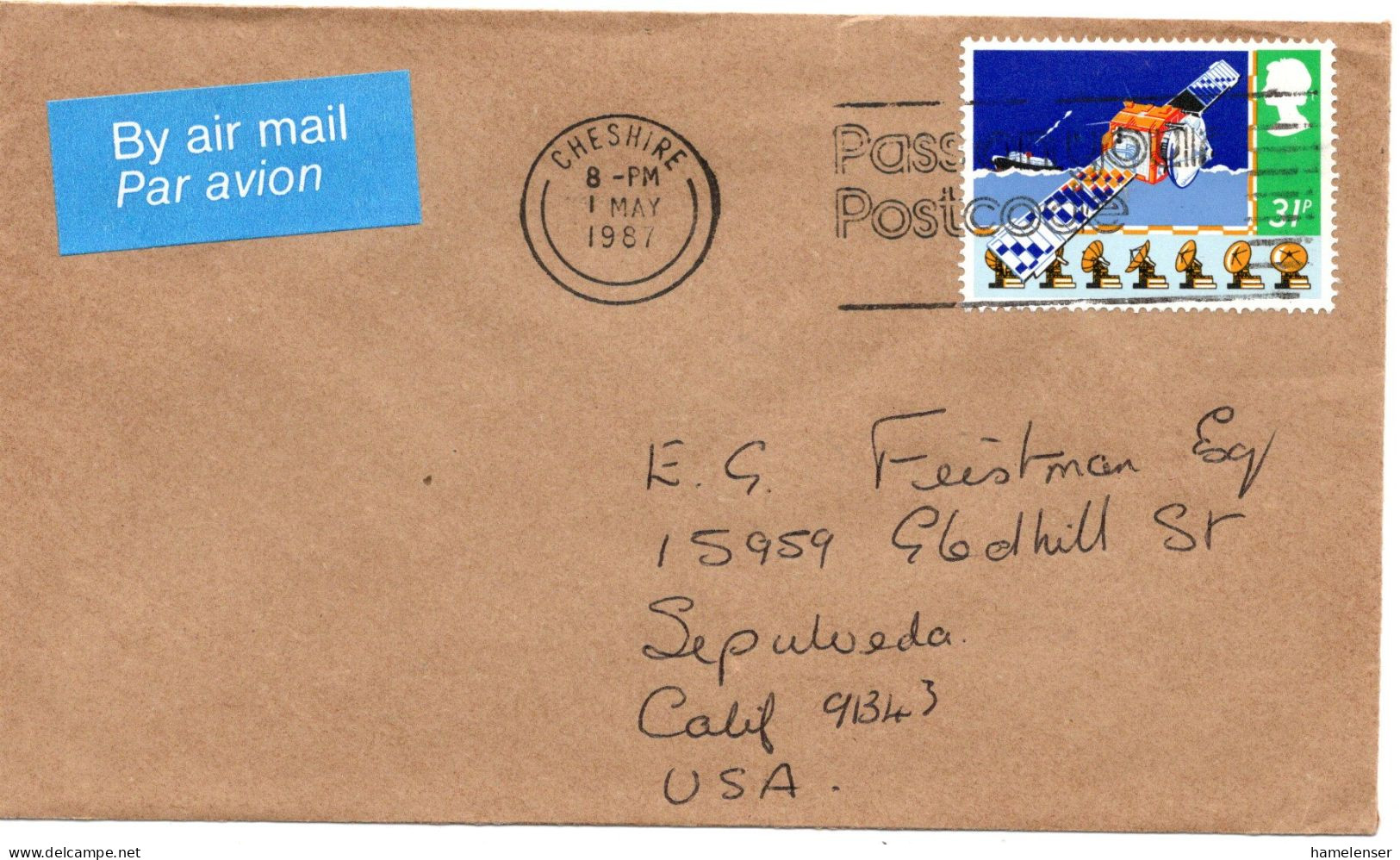 76280 - Grossbritannien - 1987 - 31p Satellit EF A LpBf CHESHIRE - ... -> Sepulveda, CA (USA) - Cartas & Documentos