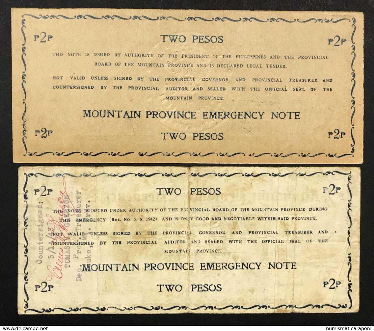 Filippine Philippines Emergency Notes WWII 2 X 2 Pesos Mountain Province Lotto 2851 - Filippine