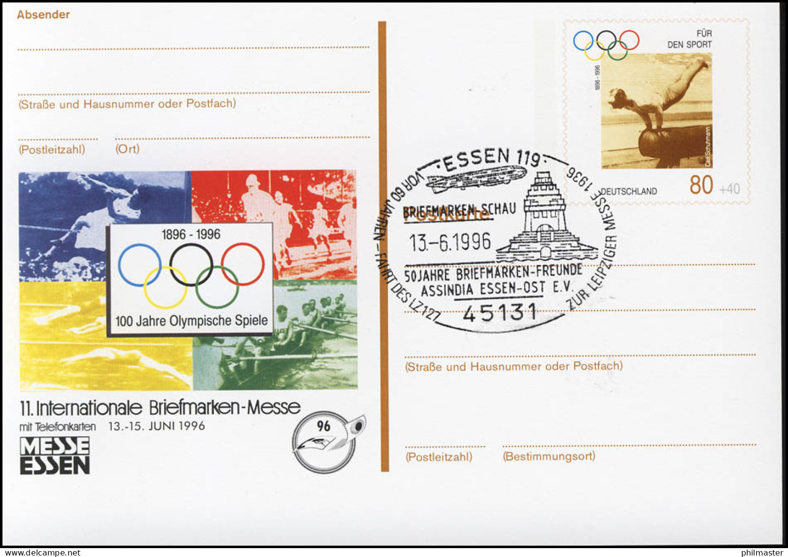 PSo 42 Messe Essen 100 Jahre Olympia 1996, ESSt BSV ASSINDIA 13.6.96 - Postcards - Mint