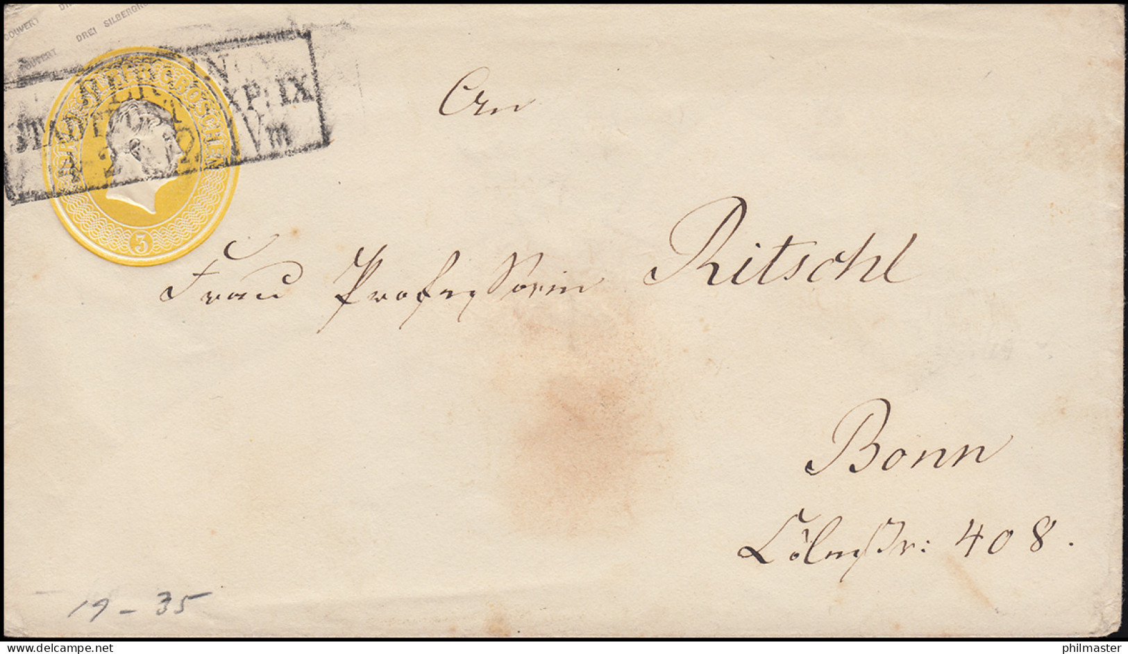 Preußen Umschlag Kopfbild 3 Sgr. Gelb Rahmen-O BERLIN STADTPOST 4.2. N. Bonn - Postal  Stationery