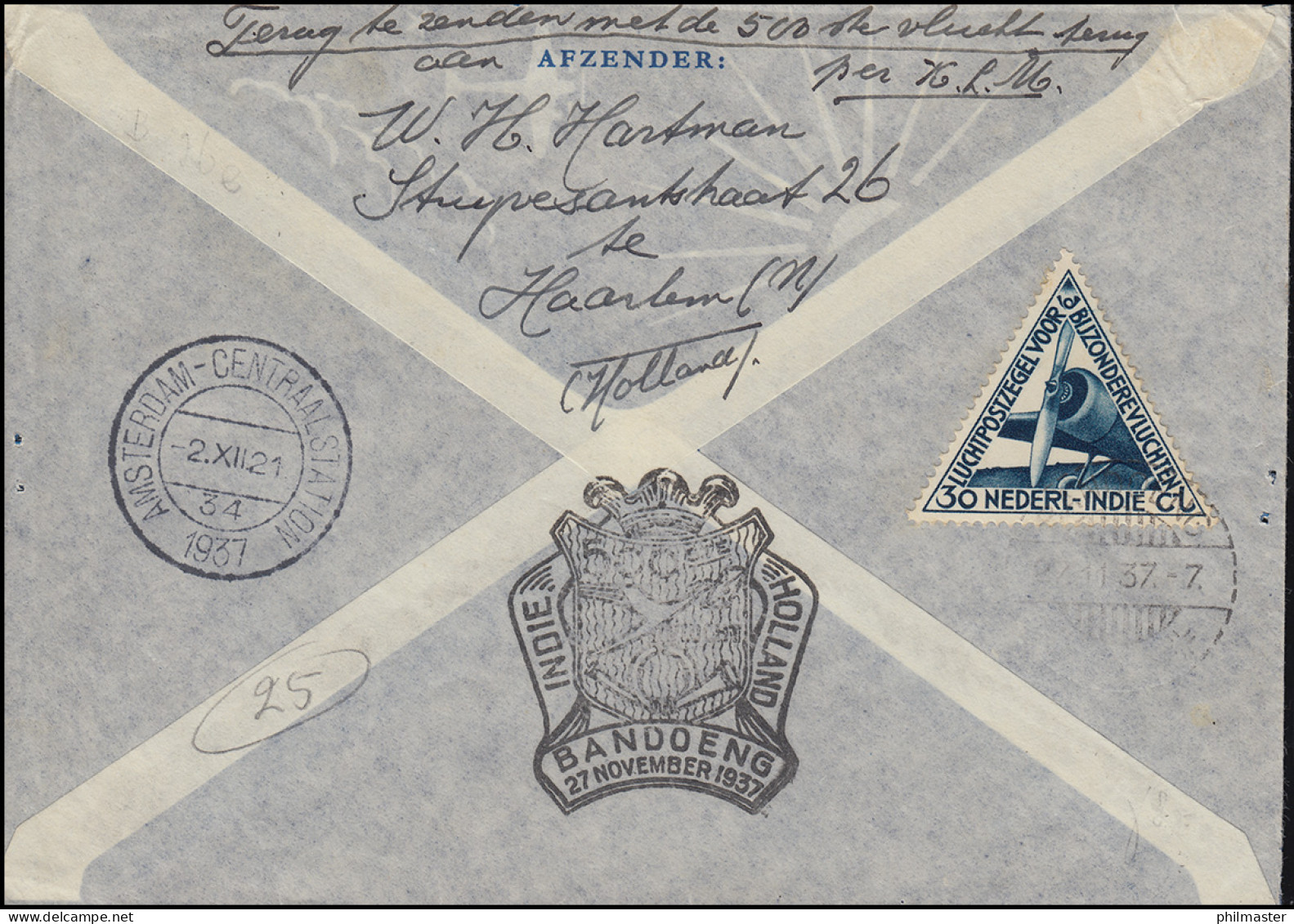 500. Post-Flug NL - NiL-Indien 13.11.1937 Schmuck-Brief EF 267 HAARLEM 10.11.7 - Luchtpost